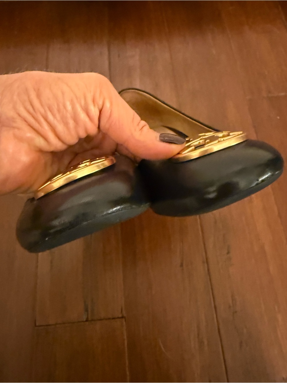 Tory Burch Black Leather Flats with Gold Logo Medallion - Picture 4 of 9